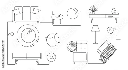 smart home line art layout showcasing connected living room furniture and devices visualizing modern technology and automation.