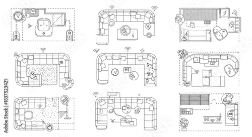 smart home technology floor plans illustrating diverse house layouts with integrated connected devices showcasing modern automation and smart living.