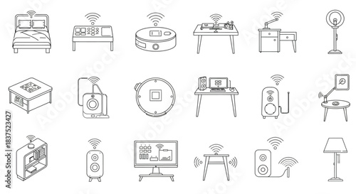 smart home technology icons internet of things devices modern connected living home automation and intelligent residential solutions.