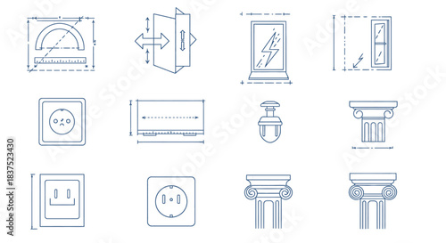 technical drawing icons illustrating architectural and engineering design showcasing construction planning electrical systems and measuring tools