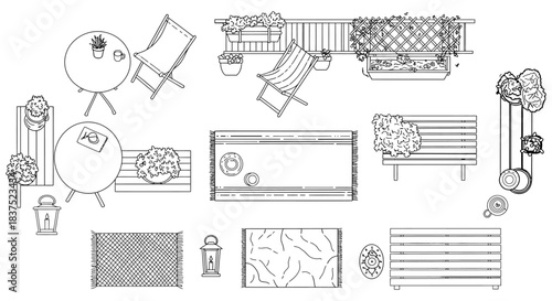 top view line art set of outdoor furniture and balcony decor tables chairs benches plants for patio design.