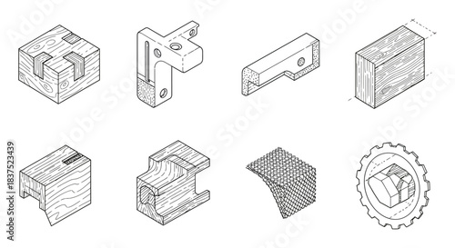 technical isometric drawings of engineering and woodworking components featuring joints brackets and gears ideal for industrial design and education.