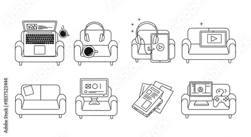 various digital devices on comfortable home furniture line art illustrating remote work entertainment and modern leisure.
