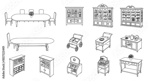 vector line art furniture set of dining tables sideboards and kitchen storage ideal for interior design and architectural planning.