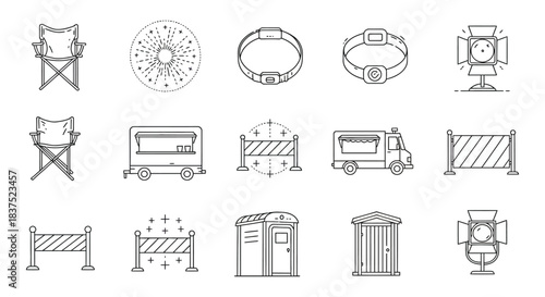 vector line icons outdoor event essentials chairs food trucks portable toilets wristbands headlamps and crowd barriers.