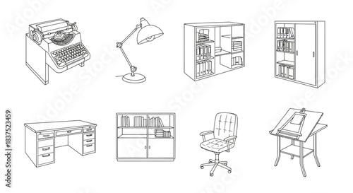 vector outline illustrations of diverse office furniture items including desks chairs storage and vintage equipment for business design.