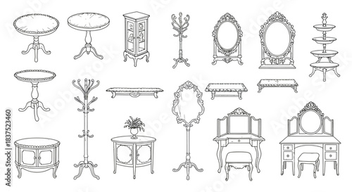 vintage furniture line art - antique decor ornate mirrors classic tables dressing tables for interior design.