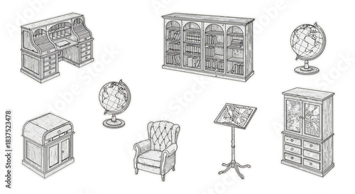 vintage library study furniture featuring roll-top desk bookcase globes and armchair for traditional interior design concepts.