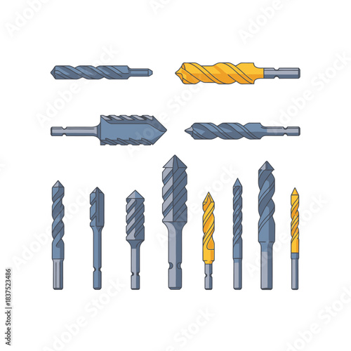 A collection of various drill bits for different drilling applications, displayed on a white background.