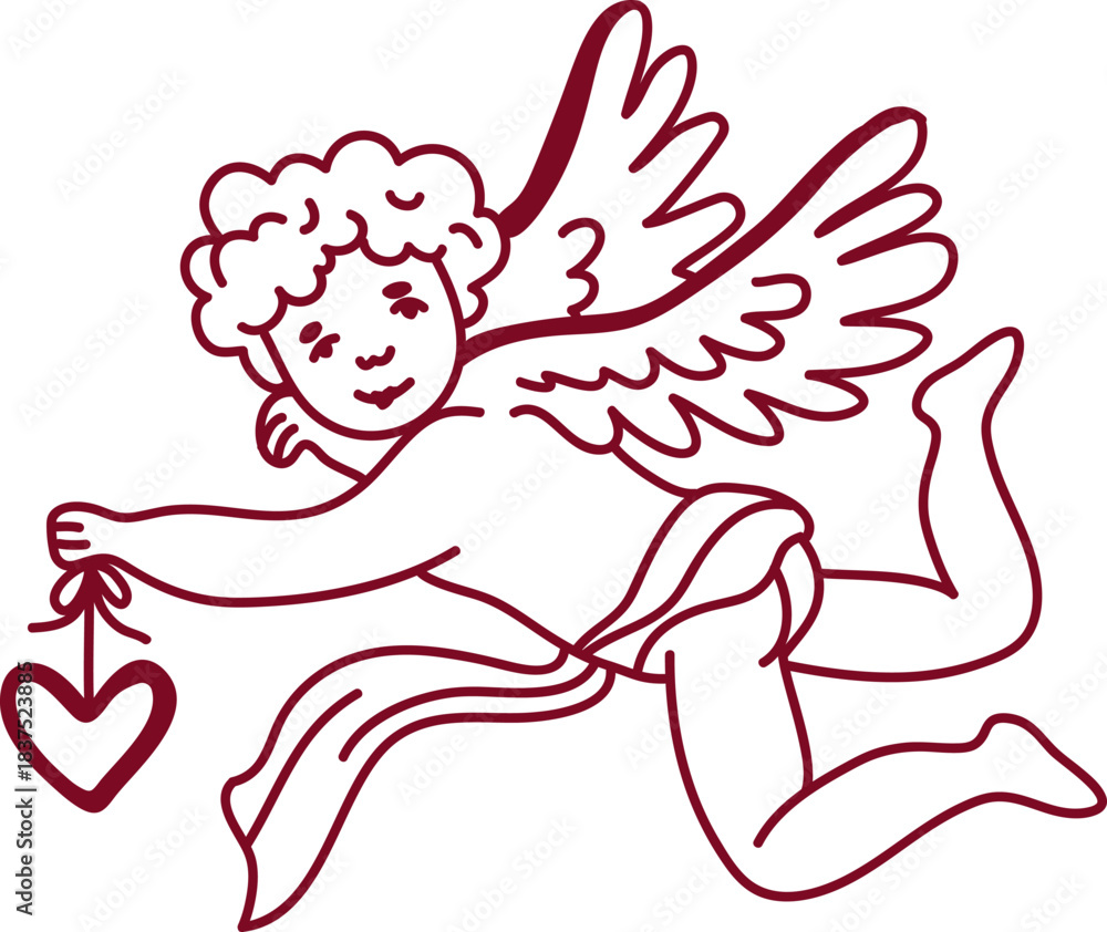 Fototapeta premium Cupid Holding Heart Line Art