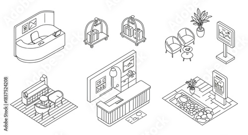 isometric line art hotel lobby reception elements desks lounge chairs luggage carts digital signs plants for hospitality.