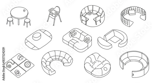 isometric line art icons childrens furniture baby room items play equipment a modern set for kids space design.