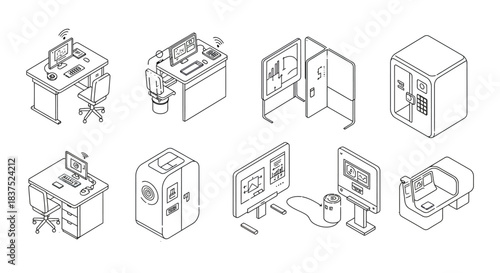 isometric line art icons depicting modern tech workplace data management and digital transformation for smart business concepts.