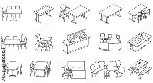 isometric line art icons of business furniture tables chairs desks for architectural  interior design.