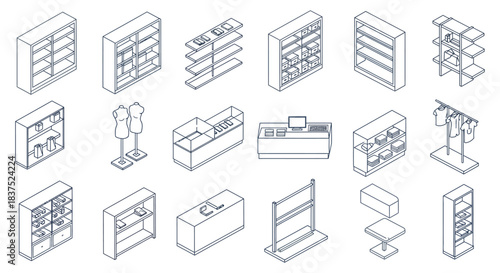 isometric line art icons of retail store fixtures shop equipment and display solutions perfect for modern commercial interior design.