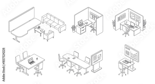 isometric line art of modern office workspaces meeting rooms and cubicles perfect for business technology and corporate design.