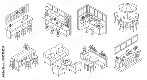 isometric line art of cafe restaurant bar interiors featuring diverse seating counter designs and furniture for hospitality design.