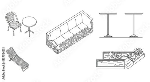 isometric line art of outdoor furniture seating tables planters for architectural and landscape design.