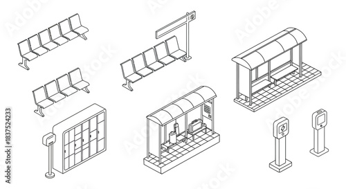 isometric line art of public transport infrastructure and smart city elements depicting bus stops benches lockers and charging stations for urban layouts.