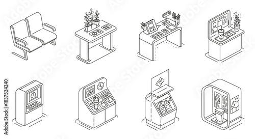isometric line art self-service kiosks smart devices and interactive interfaces depicting automation and digital convenience in modern public spaces for future tech.