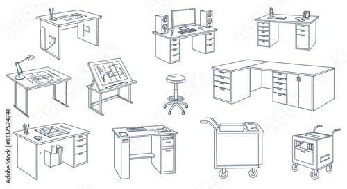 line art illustrations depicting office desks drafting tables computer workstations and equipment for modern workspace.