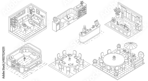 isometric line art various restaurant cafe and dining layouts showcasing indoor outdoor reception and buffet designs.