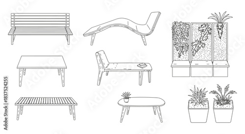 line art illustrations of outdoor furniture featuring garden benches sleek lounge chairs and stylish planters for modern design concepts