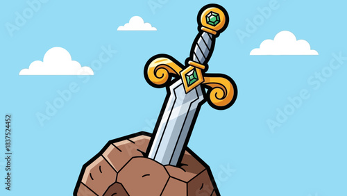 A mystical sword embedded in a rocky stone under a bright blue sky with fluffy clouds