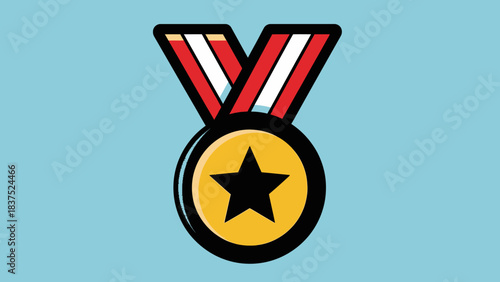 Colorful medal with red and white ribbon against a light blue background, symbolizing achievement