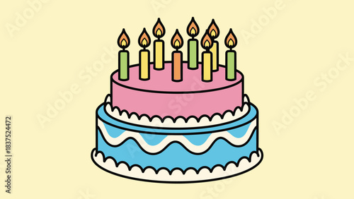 Colorful two-tier birthday cake with lit candles against a soft yellow background