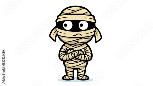 Cartoon mummy character wrapped in bandages, standing with arms crossed, isolated on white