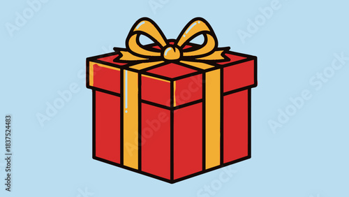 Brightly wrapped gift box with a yellow ribbon, set against a light blue background for celebrations