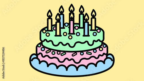 Colorful layered birthday cake with candles and sprinkles on a bright yellow background