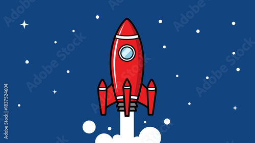 A vibrant red rocket launching into a starry blue space background, symbolizing adventure and exploration