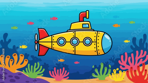Colorful cartoon submarine navigating through vibrant underwater coral reef scene