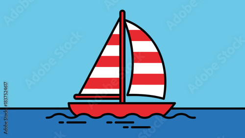 A vibrant red and white striped sailboat gliding across a calm blue sea under a clear sky