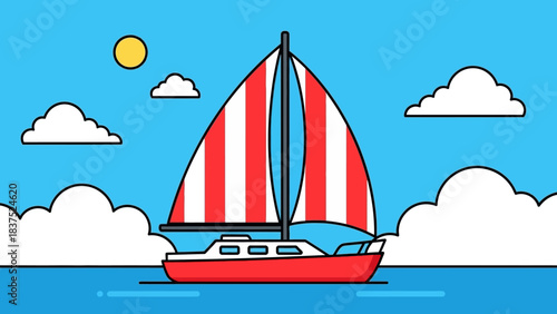 A vibrant sailboat with red and white stripes gliding across a sunny blue ocean under fluffy clouds