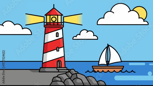 Colorful lighthouse by the sea with a sailboat, bright sky, and sunny backdrop