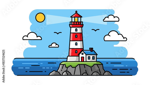 Colorful lighthouse standing on rocky shore under a bright sun with clouds and sea in background