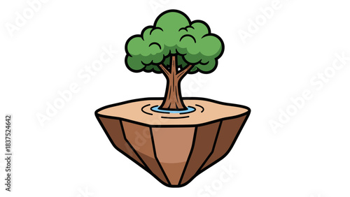 A vibrant tree growing on a floating island surrounded by water, symbolizing nature's resilience