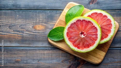 Vibrant pink and green pomelo slice on wooden cutting board, fresh fruit, fruit slice