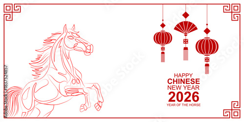 Happy Chinese New Year, horse zodiac line art style on transparent background