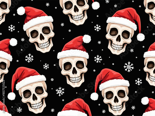 Vector christmas cartoon pattern. Biker human skull in santa claus hat, new year snowflake on black background. Fashion design for 
fabric, paper, textiles, men clothing, packaging. 