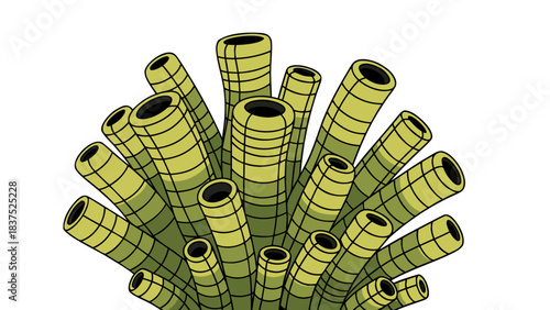 Green Tubular Coral Structures Emerging From Darkness With Detailed Textures and Black Openings Against a Solid Black Background