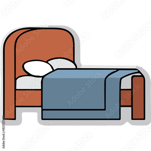 Comfortable Wooden Bed With Orange Headboard Blue Blanket And White Pillows Cozy Bedroom Scene Simple Design Against Dark Background With Outline Style