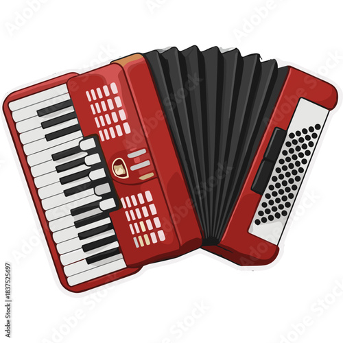 Close Up Of A Red Accordion Musical Instrument With Black Bellows And White Keys Isolated On A White Background