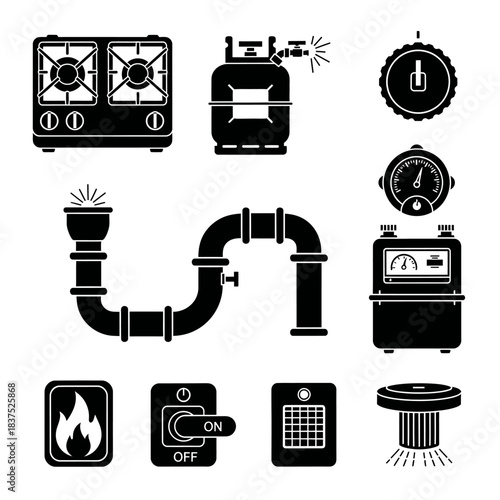 Industrial Gas Control and Pressure Gauge Equipment Icon Set