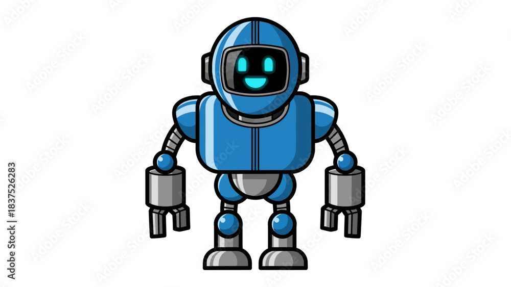 Naklejka premium Friendly blue robot character with a smiling face, standing upright in a simple background