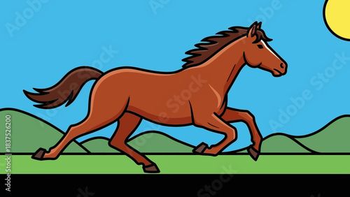 A brown horse galloping across a vibrant landscape with rolling hills and a bright sun