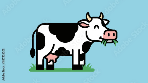Cartoon cow happily grazing on grass against a light blue background, showcasing a cheerful farm scene
